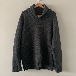 LL Bean 100% Lambs Wool Sweater Mens L Gray Elbow Patches Shawl Neck Pullover